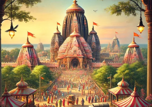 DALL·E 2024-12-11 17.23.50 - A beautiful and spiritual depiction of Jagannath Puri Dham in Odisha, featuring the grand Jagannath Temple with its iconic architecture and vibrant fl